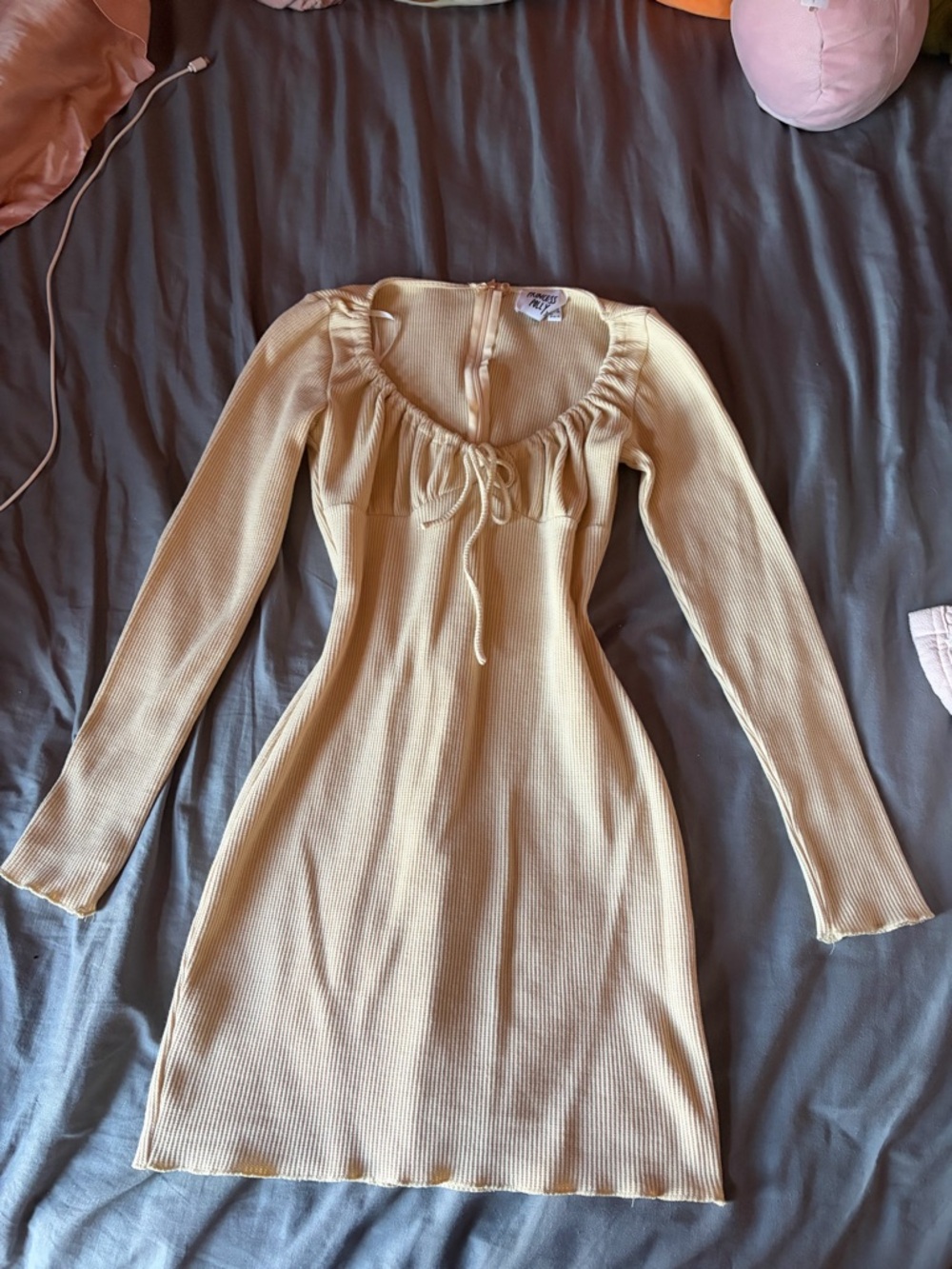 Princess Polly Long Sleeve Ribbed Mini Dress in Pale Yellow beige